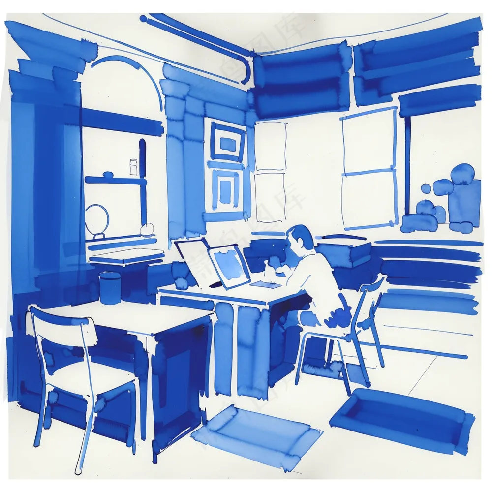 办公室场景 蓝色系水彩插画
