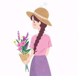 抱着花束的女孩人物卡通插画免抠