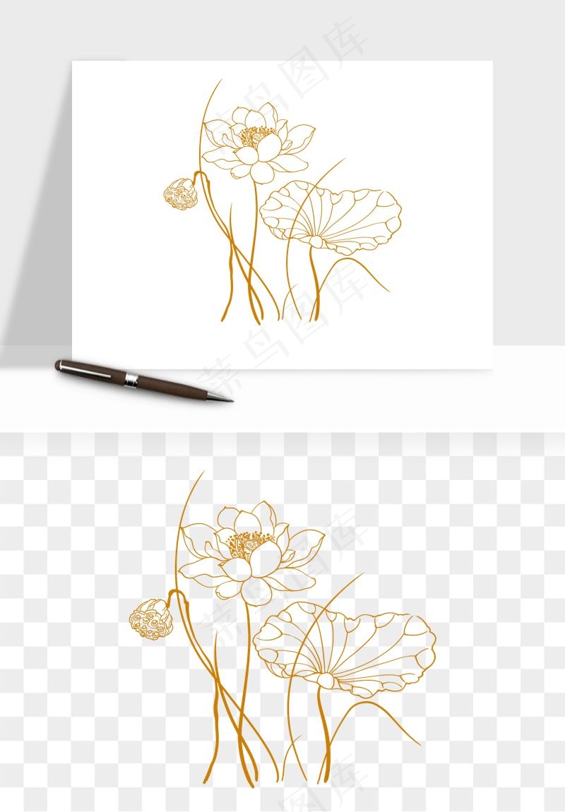 线描荷花莲花线条png免抠