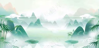 中国风插画山水竹叶青色插画清新淡雅端午节插画背景
