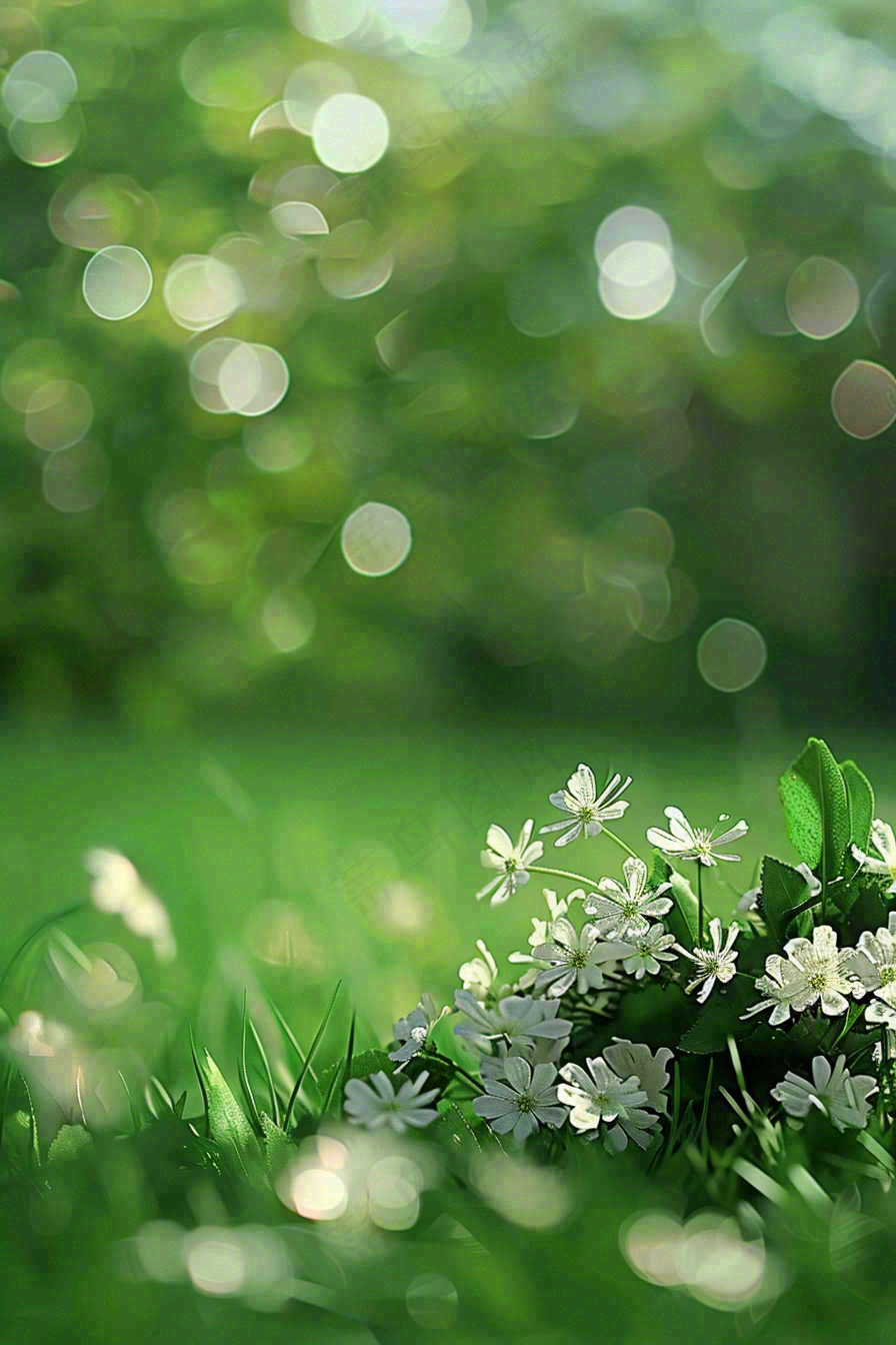 春夏草坪白色小花野花立夏惊蛰摄影图