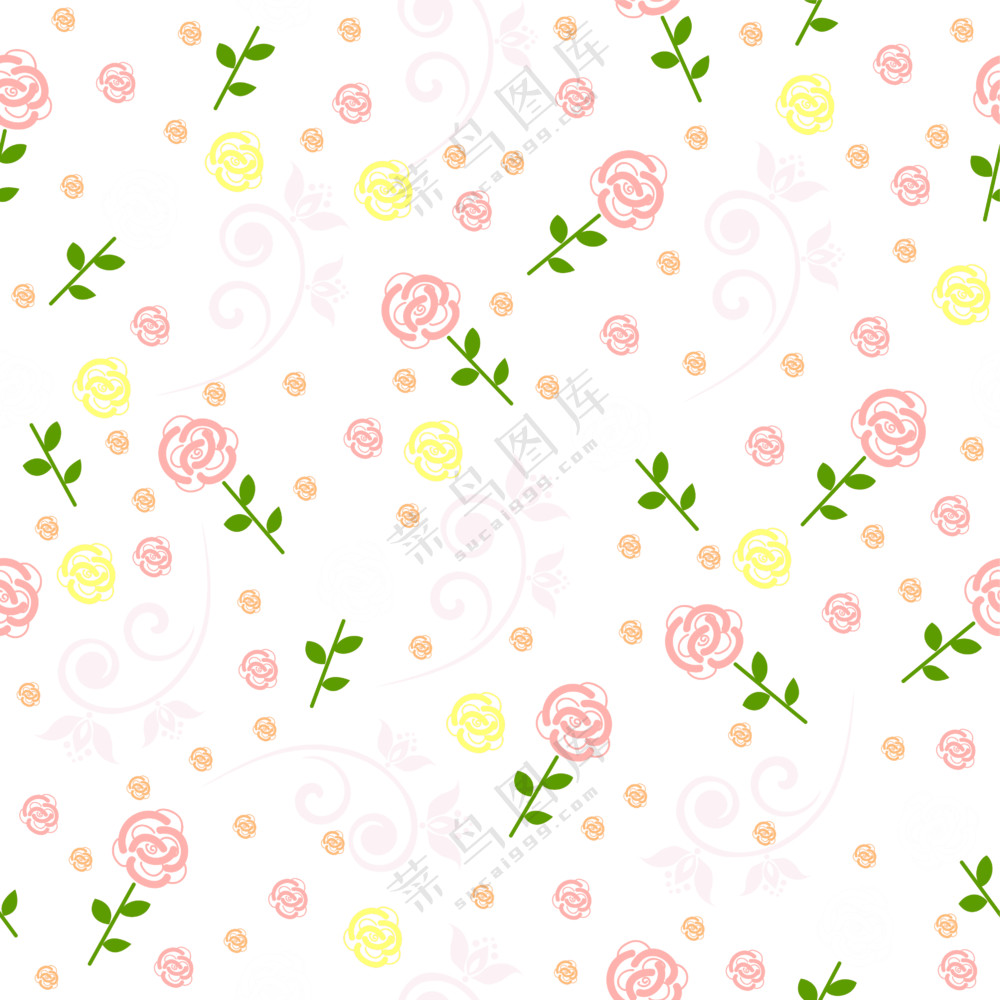 手绘花朵绿叶四方连续图案免抠素材