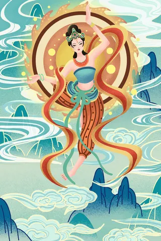 复古中国风国潮神话人物敦煌插画仙女手绘海报背景PSD设计素材