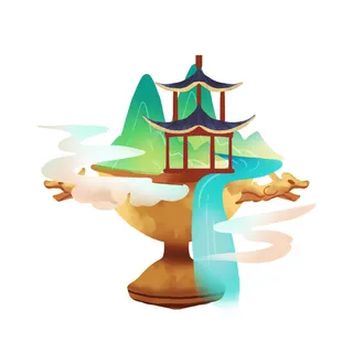 时尚微景观山水装饰庭院祥云中式国潮风插图插画元素素材设计模板