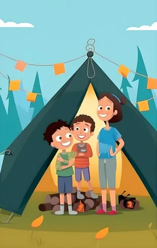 户外野外森林草原露营人们卡通插画背景