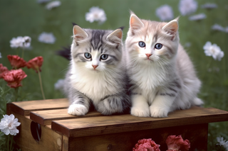 两只可爱的猫咪趴着花丛木箱上摄影图