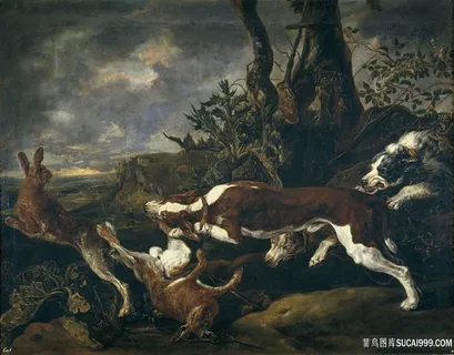 被狗追赶树林风景画油画