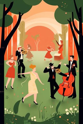 夏日草地音乐演奏扁平插画背景