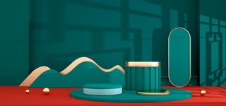 中国风国潮电商促销海报C4D背景图3D场景立体设计PSD素材模板