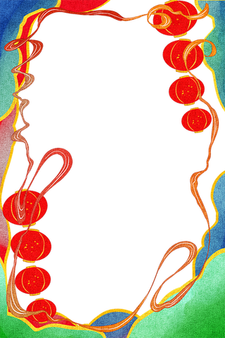 国潮手绘古风海浪花朵祥云装饰边框相框免抠