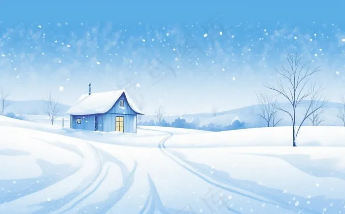 冬天乡村雪地里的房子雪景白雪卡通插画背景(1392x864)