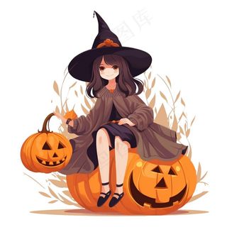 万圣节女巫南瓜灯捣蛋卡通插画免抠