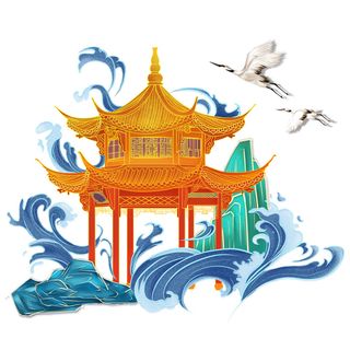 中国风国潮仙鹤山水插画手绘元素场景PSD设计素材