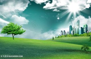 草地建筑风景画韩式自然背景