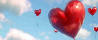 蓝天白云红色爱心气球情人节浪漫爱情摄影图