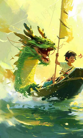 海上船只传说龙怪兽古风插画手绘