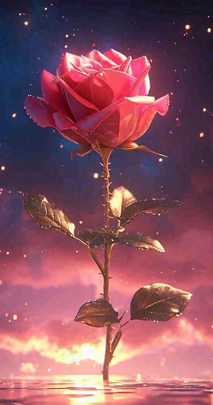 海平面上渐变落日前的一支粉色玫瑰花鲜花花朵，鲜艳爱情