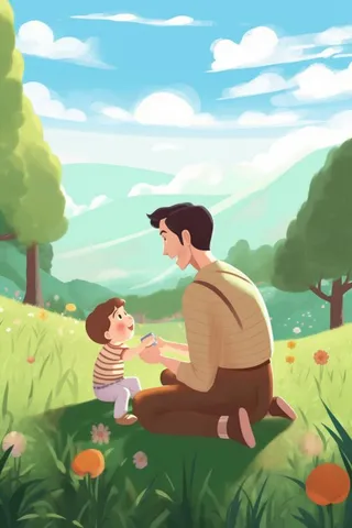 父子草地陪伴清新背景