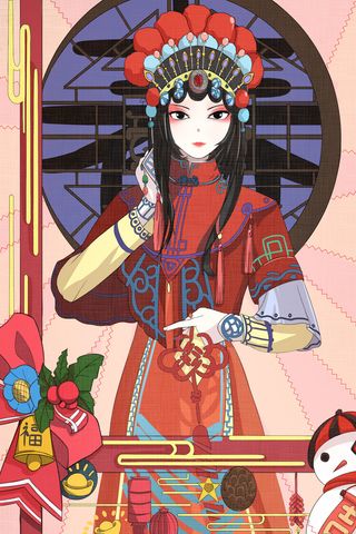 手绘中国风国潮京剧戏曲人物插画古风国粹花旦ai矢量ps设计素材图