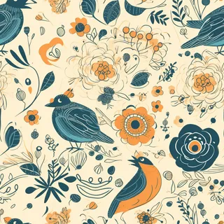 花鸟图,插画风格,无缝贴图,素材 花鸟图,插画风格,无缝贴图,素材