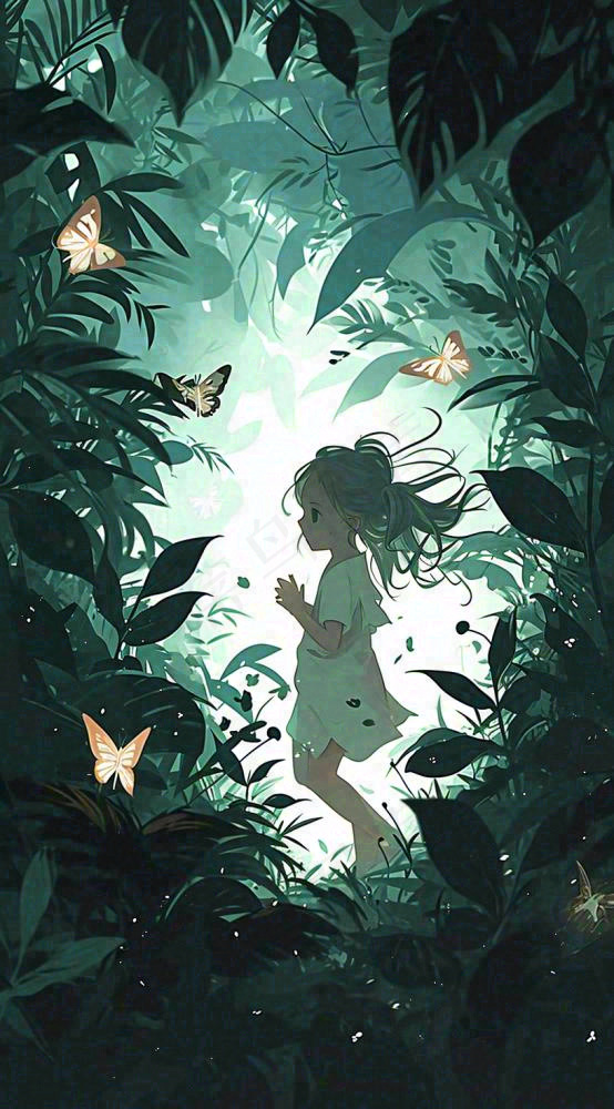森林丛林夜晚女孩玩耍手绘插画，蝴蝶可爱(816x1472)
