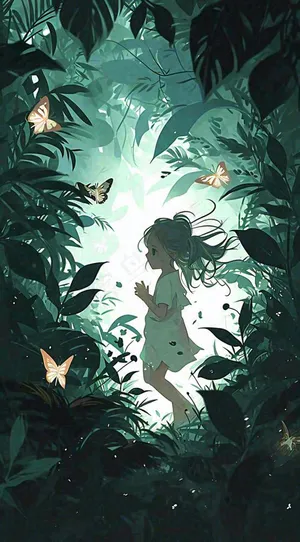 森林丛林夜晚女孩玩耍手绘插画，蝴蝶可爱