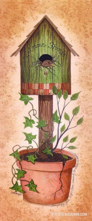 唯美鸟窝高清花盆插画油画 唯美鸟窝高清花盆插画油画