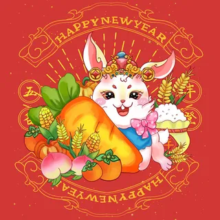 手绘2023兔年新年卡通兔子形象IP插画元素PSD设计素材png图案