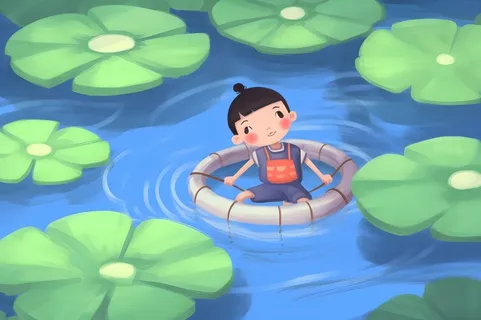 夏日玩水湖面植物荷叶睡莲插画背景