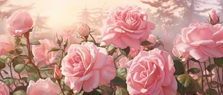 花园中的粉红玫瑰在阳光明媚的阳光下生长，柔和柔和的色调，广阔