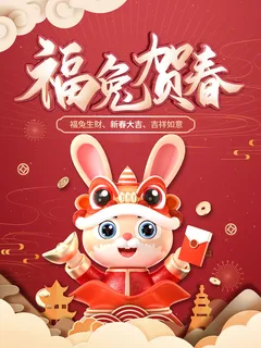 喜庆红色创意兔年春节海报 5
