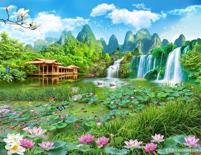 流水生财风景字画高清分辨率喷绘打印办公室挂画素材山水花草