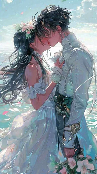 海边阳光沙滩情侣婚纱照爱情甜蜜情人节手绘插画