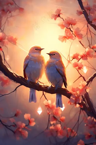小鸟比翼双飞桃花花树枝头插画背景