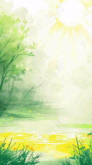 夏日森林丛林阳光绿色河面草丛树木手绘插画，夏至小暑大暑