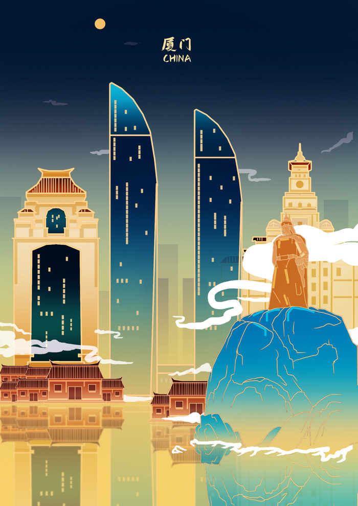 中国风国潮古建筑地标城市古风建筑阁楼印象地标手绘插画PSD素材