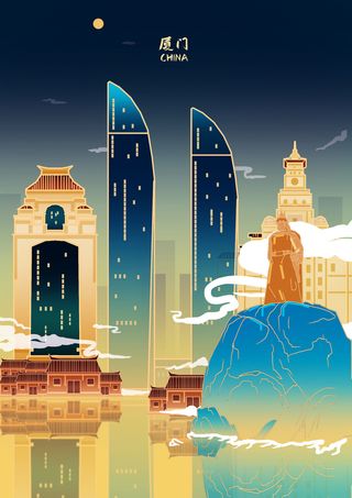 中国风国潮古建筑地标城市古风建筑阁楼印象地标手绘插画PSD素材