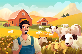 卡通插画农夫的牧场里的牛羊