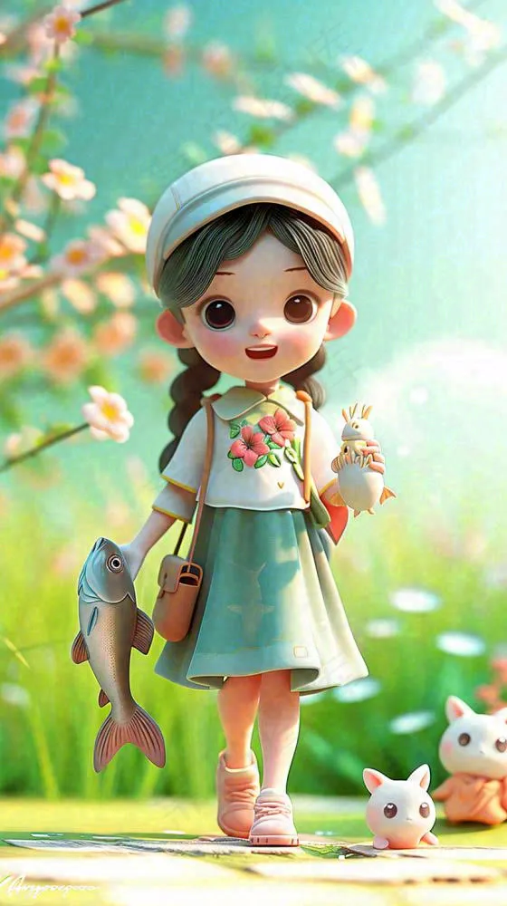儿童节小女孩田间游玩小草小花，动物鱼类可爱(816x1456)