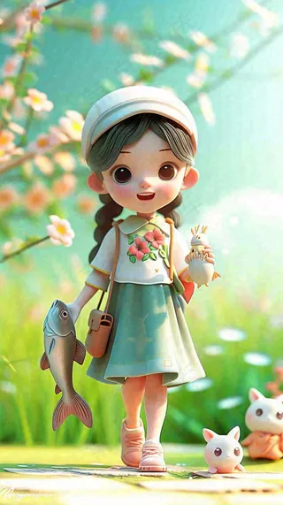 儿童节小女孩田间游玩小草小花，动物鱼类可爱