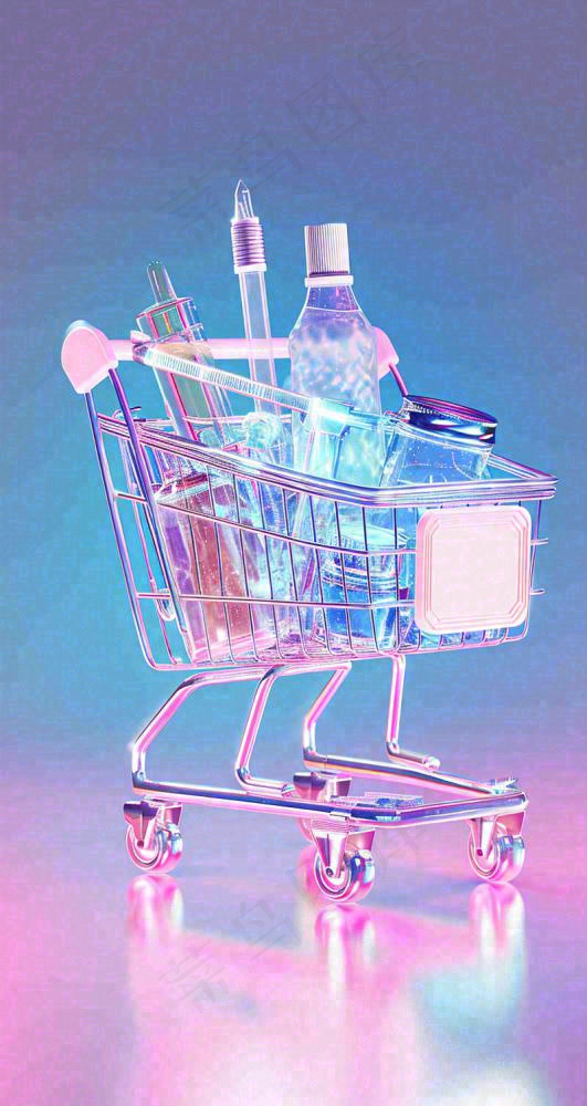 彩色奇幻渐变蓝紫粉色购物车手推车3D(800x1504)