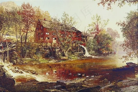 欧美乡村树林湖水晨雾风景油画 欧美乡村树林湖水晨雾风景油画