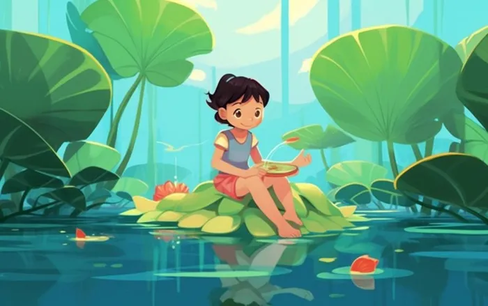 湖泊坐着睡莲上的人碧蓝插画背景(1376x864)