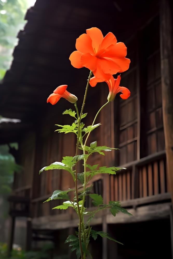 屋檐鲜花红色绿叶背景