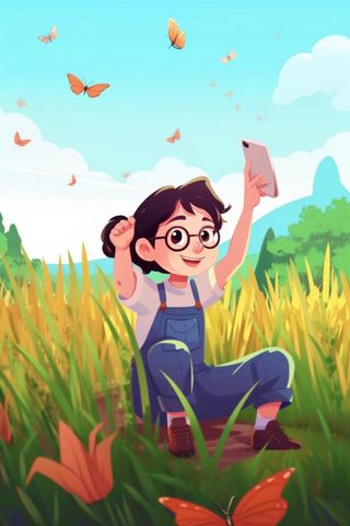 绿色清新草地人物插画