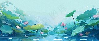夏天池塘荷花池荷花荷叶河流插画手绘，夏至处暑小暑大暑