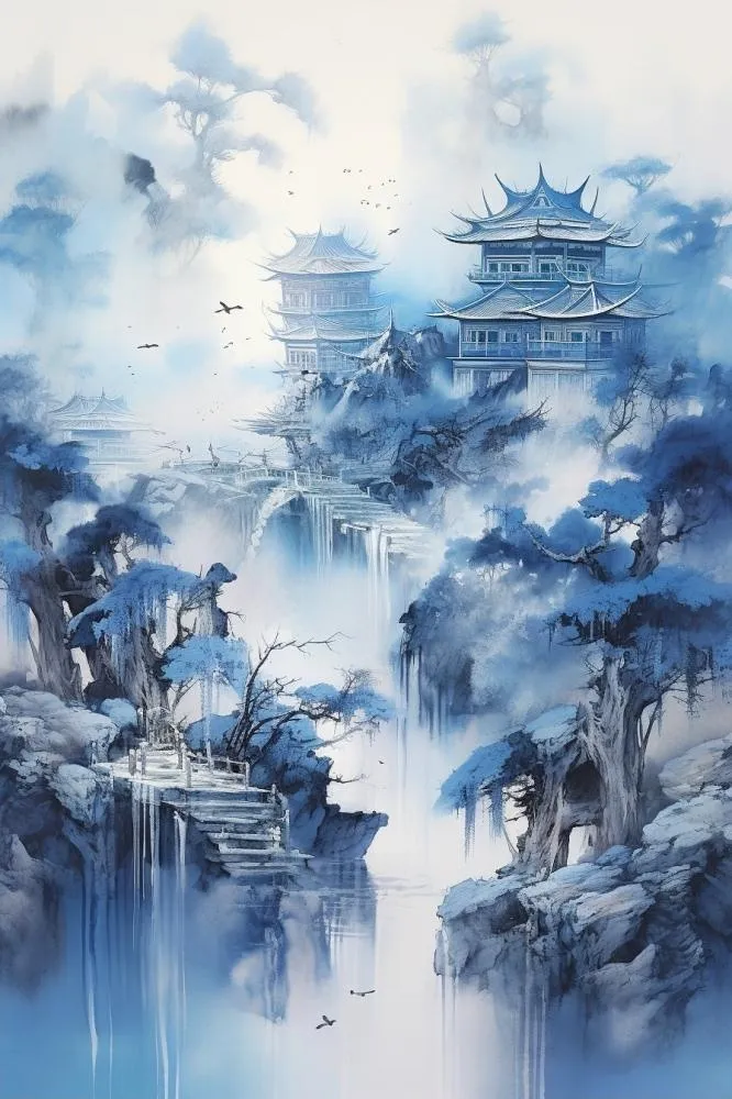 蓝色水墨画海报素材背景(896x1344)