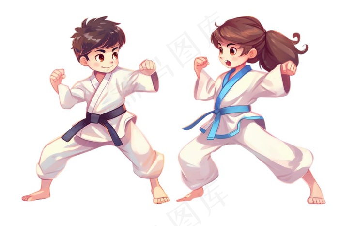 跆拳道男孩女孩对战插画免抠