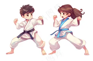 跆拳道男孩女孩对战插画免抠