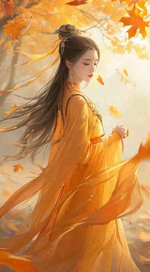 中国风秋天秋叶橙色古风美人手绘插画